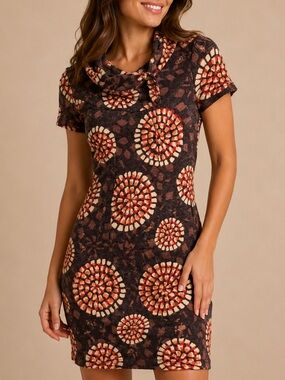Arueh Brown Floral-Print Short Sleeve Mini Dress with Cowl Neck